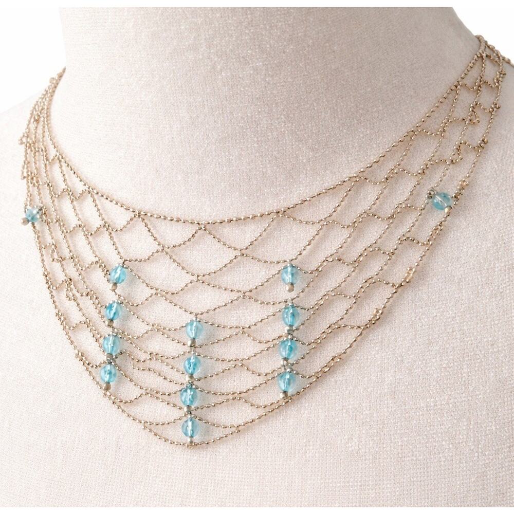 MWS Mark Wasserman Samara 925 Italy Sterling Bib Necklace Blue Crystal Fringe